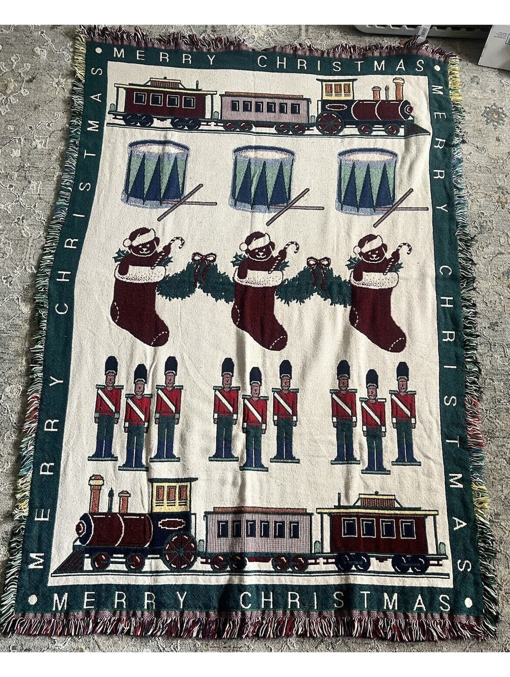 Nutcracker Christmas Throw  45x68Tapestry Blanket  Woven Fringe Holiday Trains